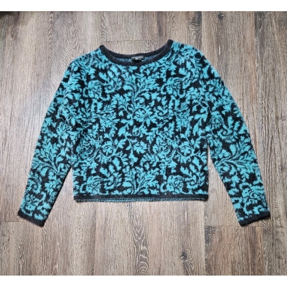 Tahari Women's Medium Teal/Black Fuzzy Knit Pullover Long-sleeve Sweater